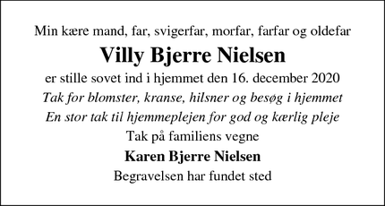 Dødsannoncen for Villy Bjerre Nielsen - Mariager