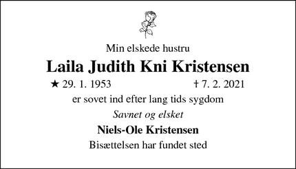 Dødsannoncen for Laila Judith Kni Kristensen - Havndal