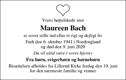 Dødsannoncen for  Maureen Bach - Allerød