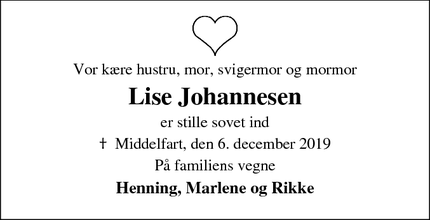 Dødsannoncen for Lise Johannesen - Middelfart