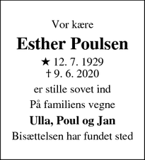 Dødsannoncen for Esther Poulsen - Ejby