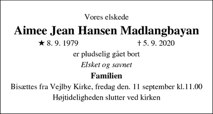 Dødsannoncen for Aimee Jean Hansen Madlangbayan - Middelfart