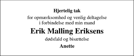 Taksigelsen for Erik Malling Eriksens - Asperup