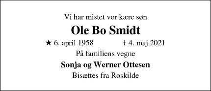Dødsannoncen for Ole Bo Smidt - Roskilde