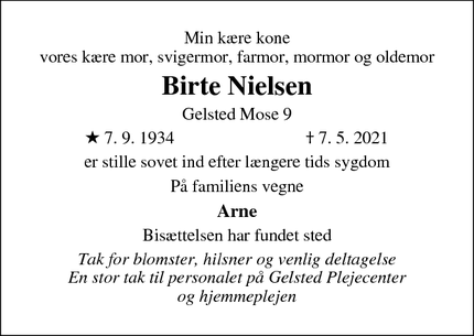 Dødsannoncen for Birte Nielsen - Gelsted
