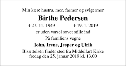 Dødsannoncen for Birthe Pedersen - Middelfart