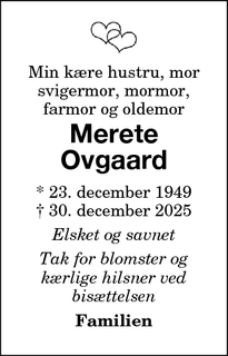 Dødsannoncen for  Merete Ovgaard - Stokkemarke