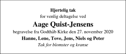 Taksigelsen for Aage Quist-Jensens - Volstrup, 9230 Svenstrup