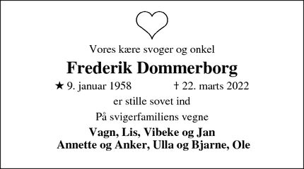 Dødsannoncen for Frederik Dommerborg - Dall Villaby