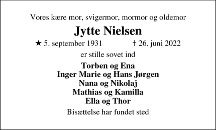 Dødsannoncen for Jytte Nielsen - Svenstrup