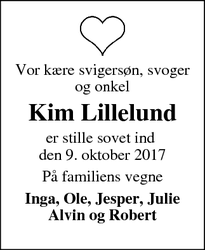 Dødsannoncen for Kim Lillelund - Solbjerg