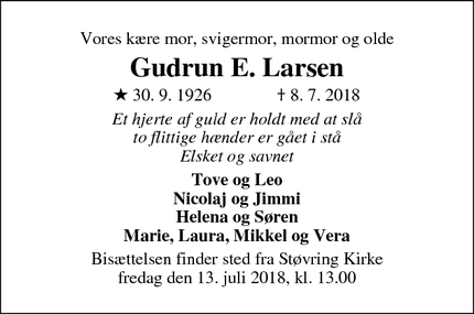 Dødsannoncen for Gudrun E. Larsen - Støvring
