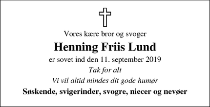 Dødsannoncen for Henning Friis Lund - Sikeborg