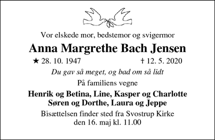 Dødsannoncen for Anna Margrethe Bach Jensen - Grauballe