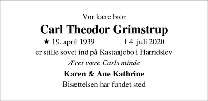 Dødsannoncen for Carl Theodor Grimstrup - Harridslev