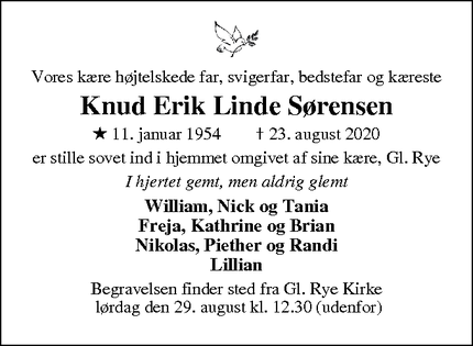 Dødsannoncen for Knud Erik Linde Sørensen - Gl. Rye