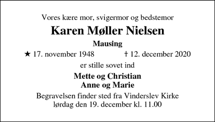 Dødsannoncen for Karen Møller Nielsen - Kjellerup