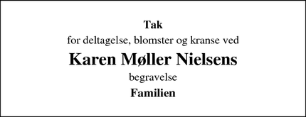 Taksigelsen for  Karen Møller Nielsens - Mausing, 8620 kjellerup