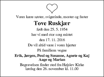 Dødsannoncen for Tove Ruskjær - Nørre Søby