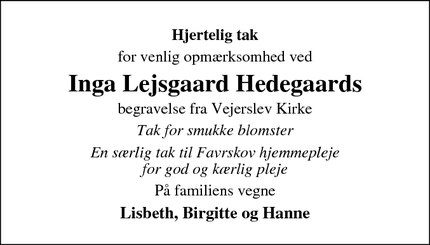 Taksigelsen for Inga Lejsgaard Hedegaards - Thorsø