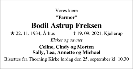 Dødsannoncen for Bodil Astrup Freksen - Viborg