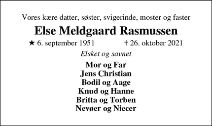 Dødsannoncen for Else Meldgaard Rasmussen - Salten 