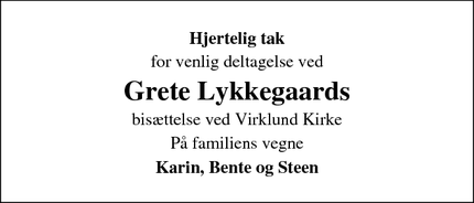 Dødsannoncen for Grete Lykkegaards - Fredericia