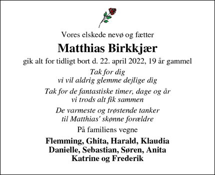 Dødsannoncen for Matthias Birkkjær - Bording