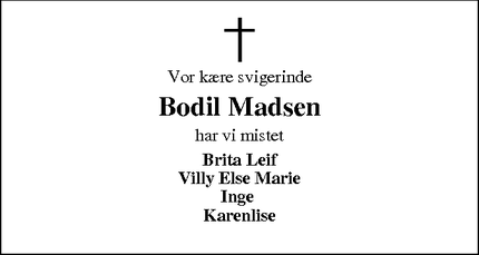 Dødsannoncen for Bodil Madsen - Bryrup