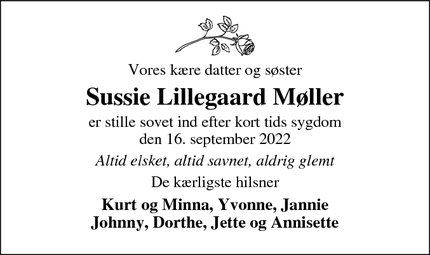 Dødsannoncen for Sussie Lillegaard Møller - Tranbjerg J
