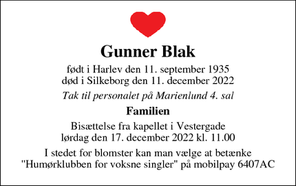 Dødsannoncen for Gunner Blak - Silkeborg