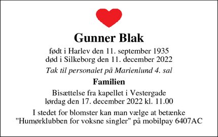 Dødsannoncen for Gunner Blak - Silkeborg