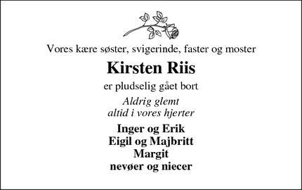 Dødsannoncen for Kirsten Riis - Funder