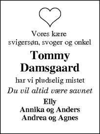 Dødsannoncen for Tommy Damsgaard - Virklund