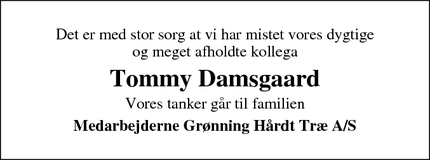 Dødsannoncen for Tommy Damsgaard - Virklund