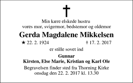 Dødsannoncen for Gerda Magdalene Mikkelsen - Thorning