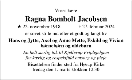 Dødsannoncen for Ragna Bomholt Jacobsen - Kjellerup