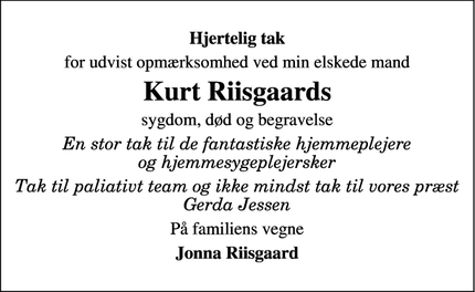Dødsannoncen for Kurt Riisgaards - 8882 Fårvang