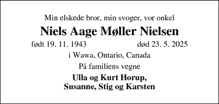 Dødsannoncen for Niels Aage Møller Nielsen - Bjerringbro