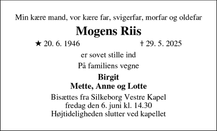 Dødsannoncen for Mogens Riis - Silkeborg