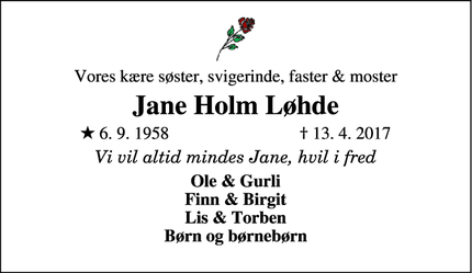 Dødsannoncen for Jane Holm Løhde - Them