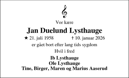 Dødsannoncen for Jan Duelund Lysthauge - Silkeborg
