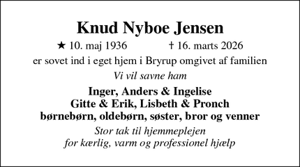 Dødsannoncen for Knud Nyboe Jensen - Bryrup