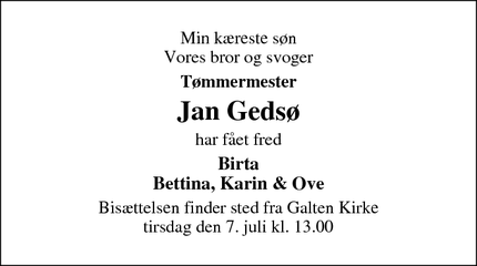 Dødsannoncen for Jan Geds&oslash; - Silkeborg