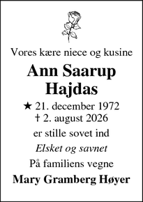 Dødsannoncen for Ann Saarup Hajdas - Silkeborg