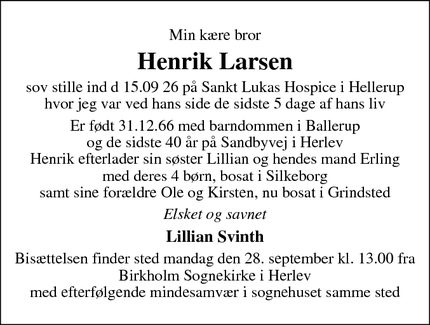 Dødsannoncen for Henrik Larsen - Herlev