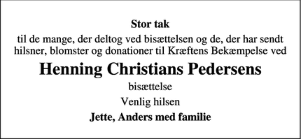 Dødsannoncen for Henning Christians Pedersens  - Sejling