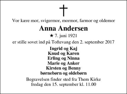 Dødsannoncen for Anna Andersen - Them