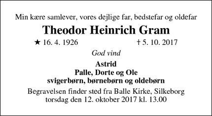 Dødsannoncen for Theodor Heinrich Gram - Sønderborg