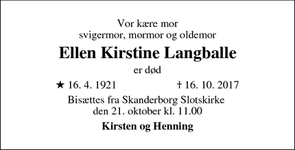 Dødsannoncen for Ellen Kirstine Langballe - Skanderborg